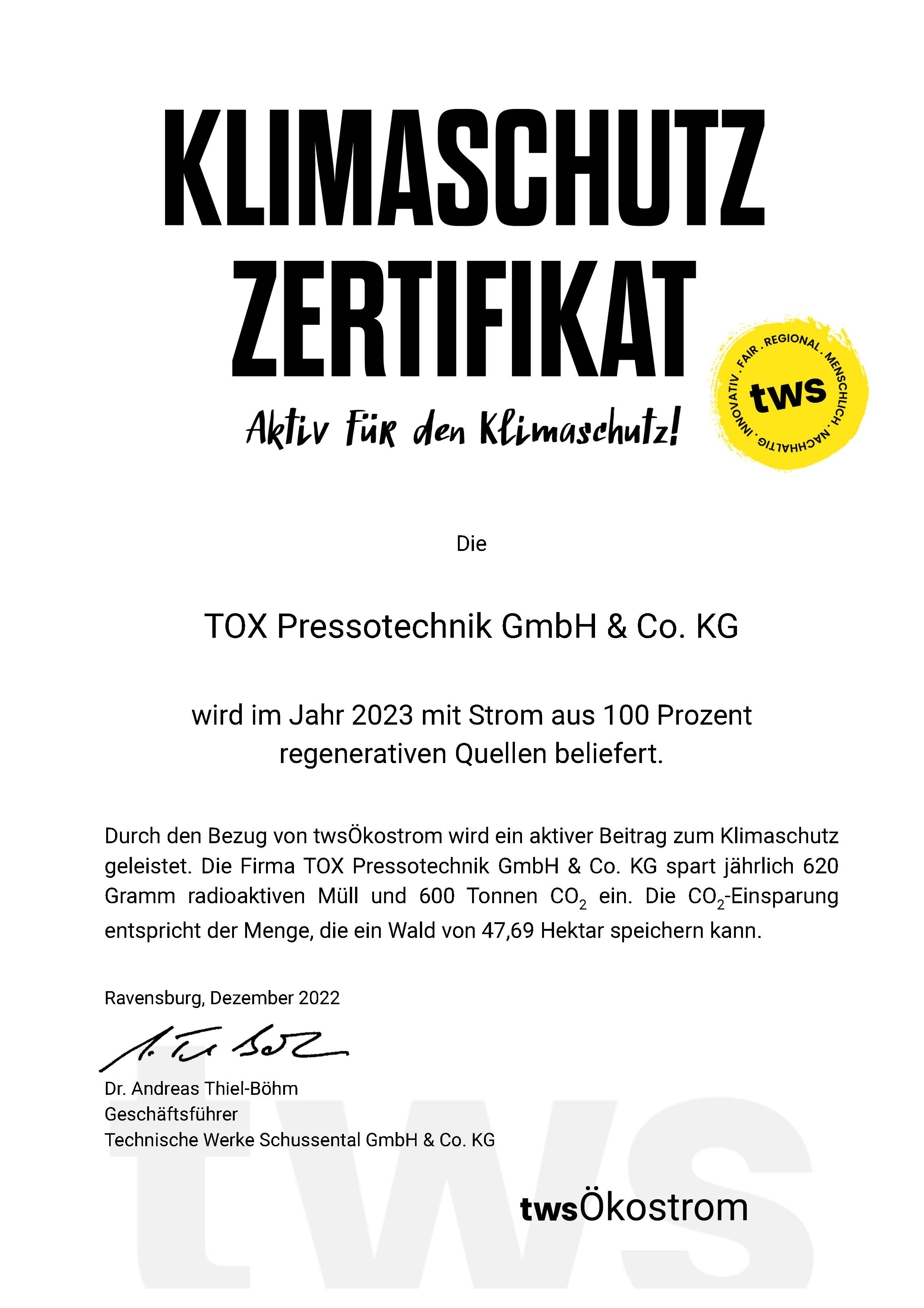 Klimaschutz-Zertifikat TWS für TOX Pressotechnik